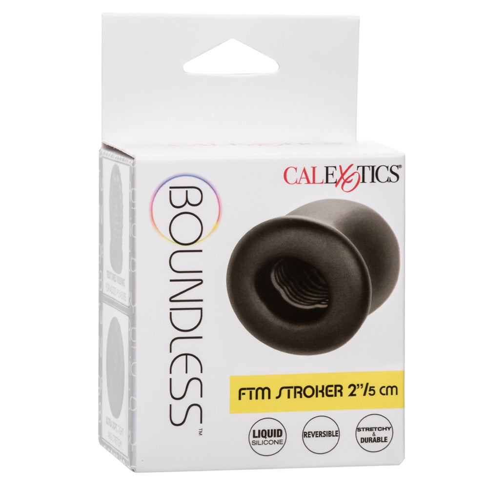 A box by CalExotics features a mini black silicone textured stroker on it.