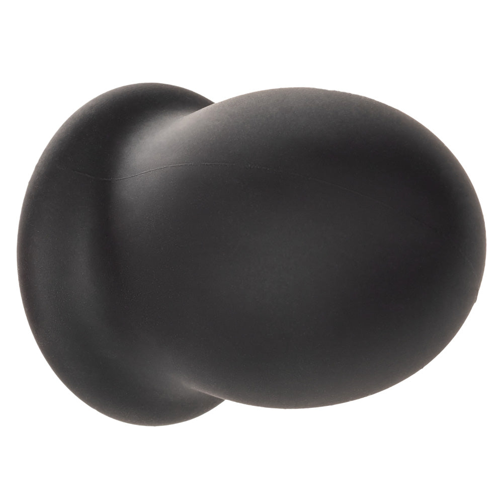 A black silicone closed ended egg shaped stroker with a large stretchy opening at the base. 