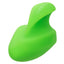 A neon green handheld massager with an ergonomic cradle design sits against a white backdrop. 