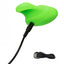 A neon green ergonomic finger vibrator lays next to its charging cord. 