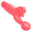 A pink butterfly rabbit vibrator lays flat and shows its bulbous head shape.