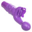 A purple butterfly rabbit vibrator lays flat and shows its bulbous head shape.