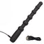 A black silicone anal bead wand vibrator lays flat next to its charging cable.