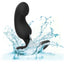 A black P-spot curved anal probe is shown in water showcasing its waterproof design. 