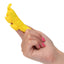A hand model wears a yellow butterfly flickering finger vibrator for scale.