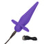 A purple vibrating anal probe lays flat next to its charging cord.