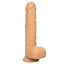 An ultra-realistic squirting vibrating silicone dildo with testicles stands against a white backdrop.