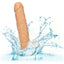 A realistic veiny dildo with testicles is shown dropped in water for its waterproof design.