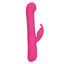 A side view of a pink rabbit vibrator featuring a raised nubby texture on the clitoral arm. 
