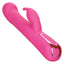 A pink rotating beaded rabbit vibrator lays flat and showcases its power buttons at the base.