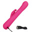 A pink rotating beaded g-spot rabbit vibrator lays next to its charging cord. 