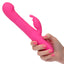 A hand model holds a pink rotating beaded g-spot vibrator for scale. 