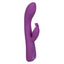 A purple rabbit warming g-spot vibrator stands against a white backdrop and features a bulbous tip. 