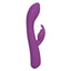 Side view of a purple rabbit warming g-spot vibrator showcases its external clitoral arm with flickering rabbit ears.  