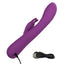 A purple rabbit warming g-spot vibrator lays flat next to its charging cord. 