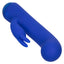 A blue chubby bunny g-spot vibrator lays flat and showcases its power button at the base. 