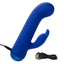 A thick blue girthy g-spot rabbit vibrator lays flat next to its charging cord.  