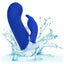A blue thick bunny g-spot vibrator is shown in water to showcase its waterproof design. 