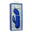 A box by CalExotics stands against a white backdrop and features a thick blue rabbit g-spot vibrator inside.