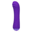 A thick ribbed flexible g-spot vibrator in purple stands against a white backdrop. 