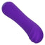A thick purple g-spot vibrator lays flat on a white backdrop and showcases its ribbed head. 