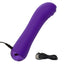 A thick purple g-spot silicone vibrator lays flat next to its charging cord.  