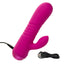 A hot pink thick g-spot vibrator lays flat on a white backdrop next to its charging cord. 