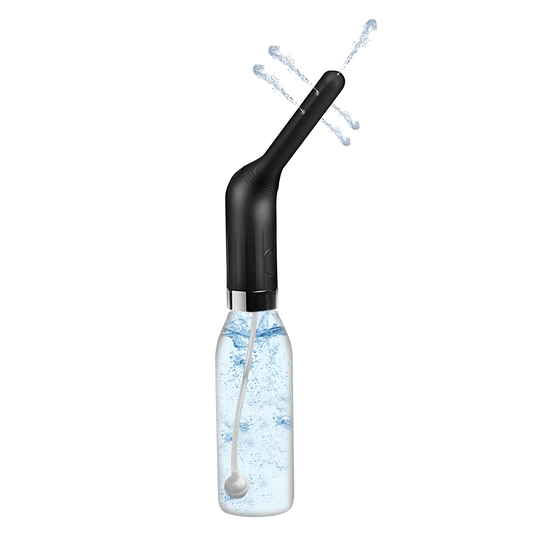 A douche with a black angled head a slim water chamber beneath.