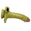 A side view of the Swamp Monster dildo shows a phallic tip, which is pink against the rest of the dildo's green silicone.