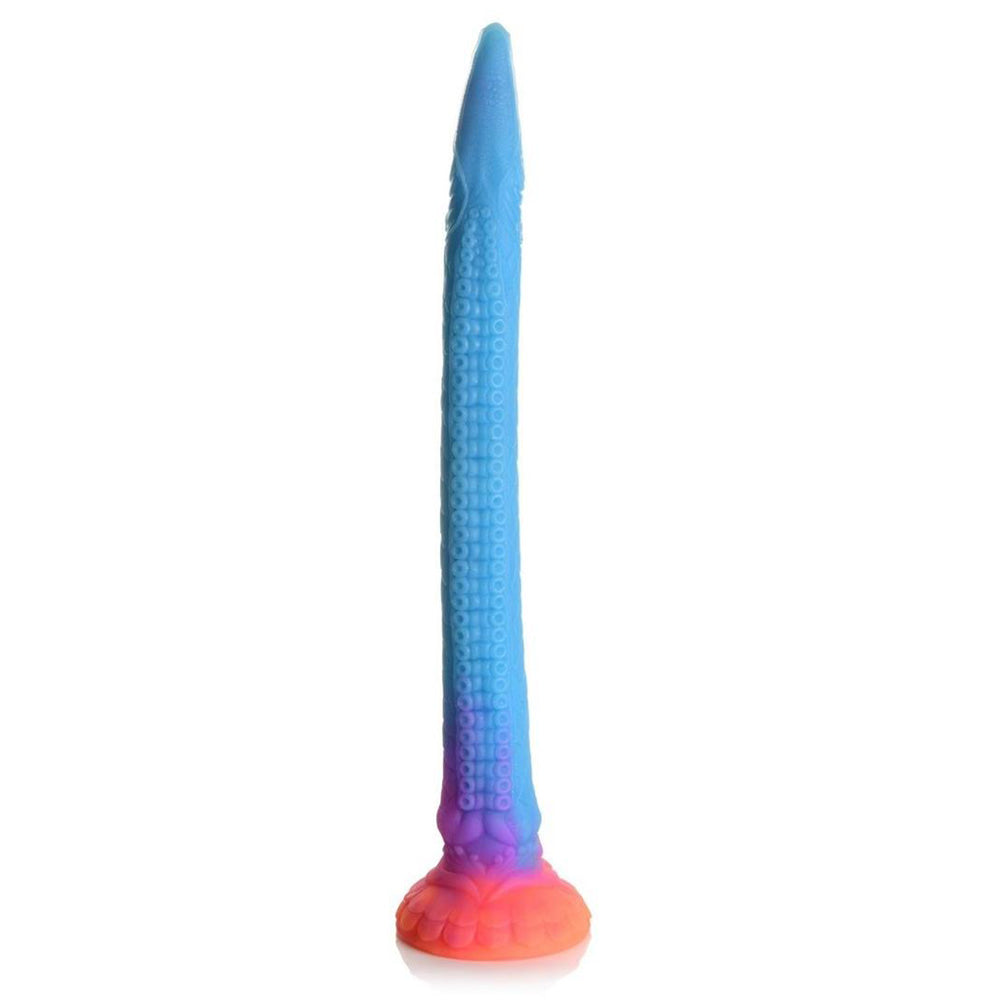 A Creature Cocks Makara sea serpent dildo stands against a white backdrop, showing its bright blue ultra-long shaft.