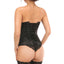 Close up back view of a model wearing a black satin underbust corset that shows the back with lace criss-crossing the centre.