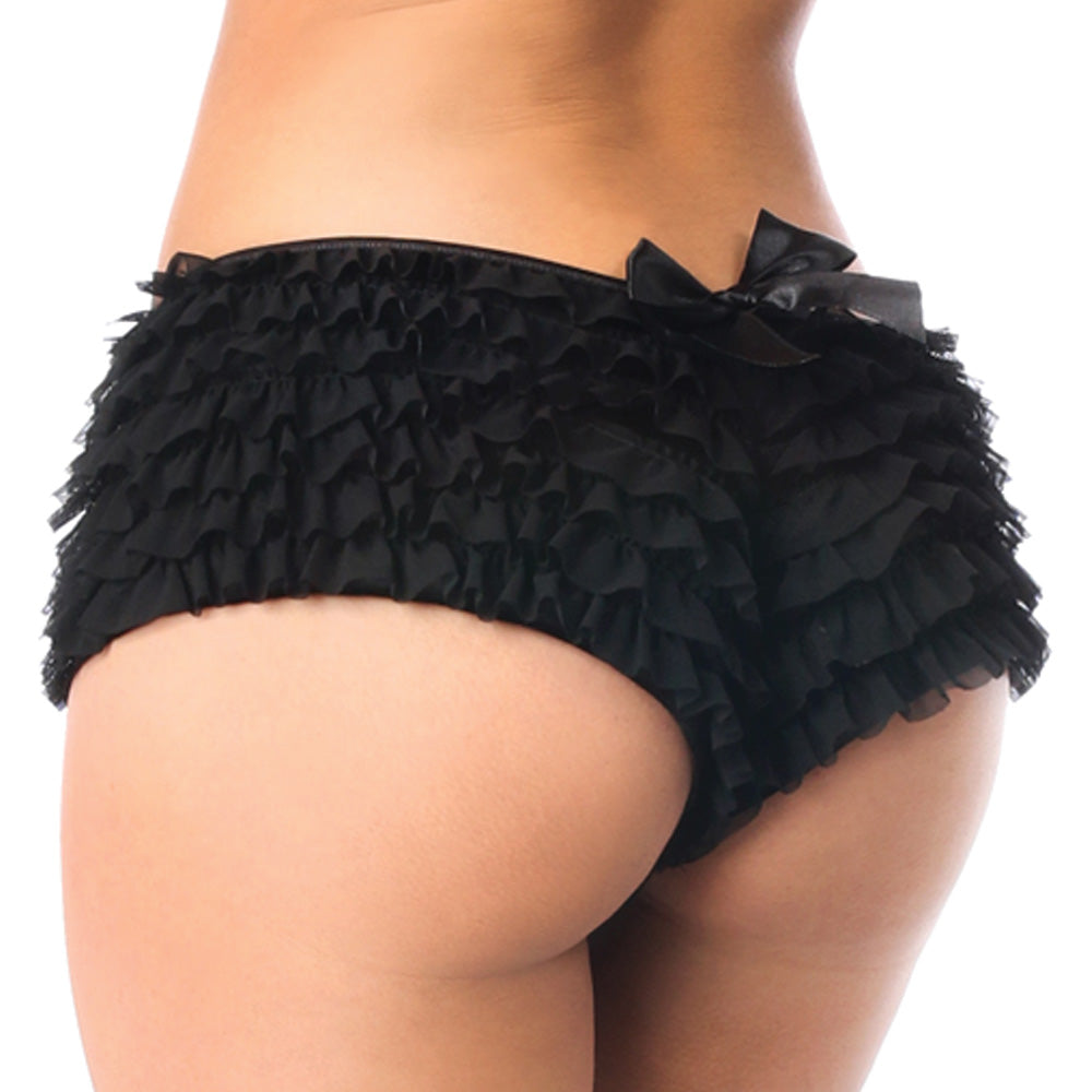 Close up back view of a model wearing ruffle black boy shorts with bowtie detail at the small of the models back.