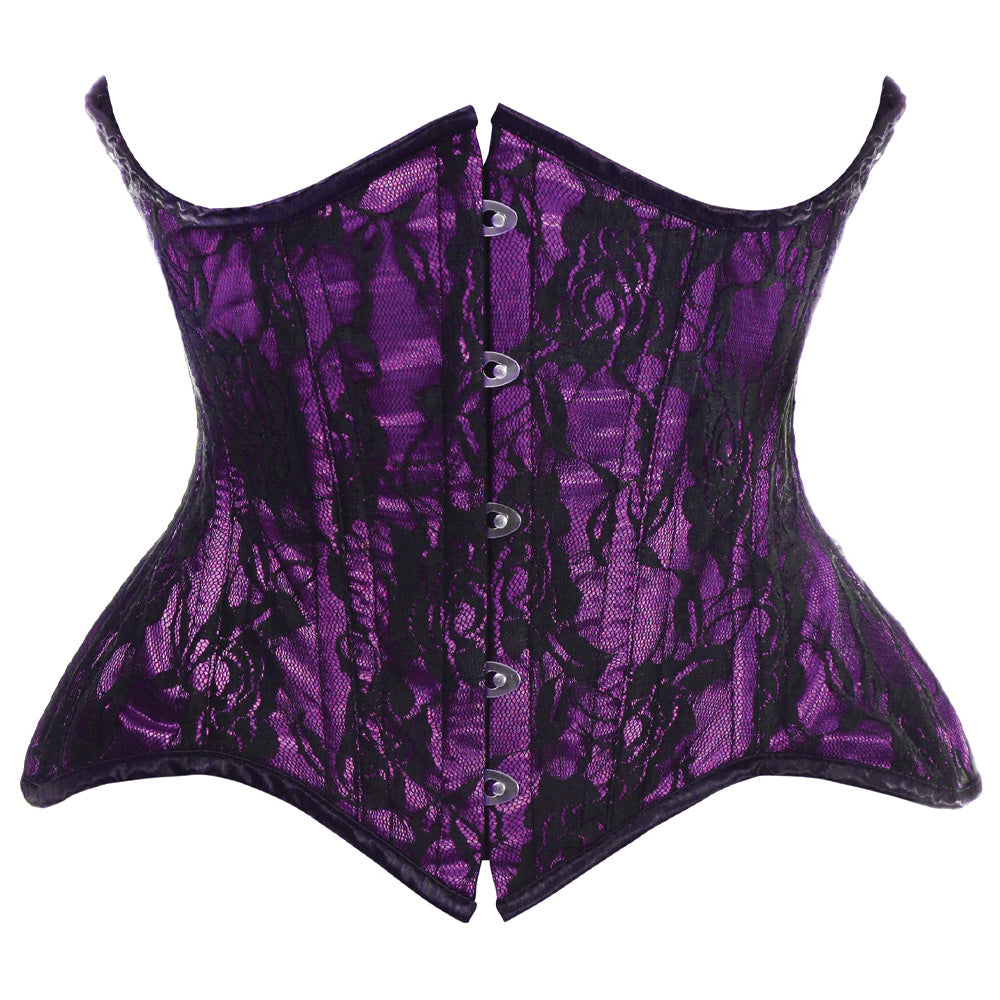 A spiral double steel boned waist cincher in purple with a satin base and lace overlay sits against a white backdrop.
