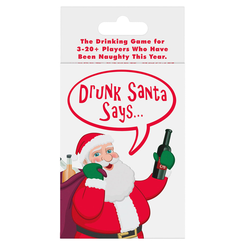 A drinking card game called "Drunk Santa Says" with a cartoon image of Santa holding a wine bottle sits on a white backdrop.