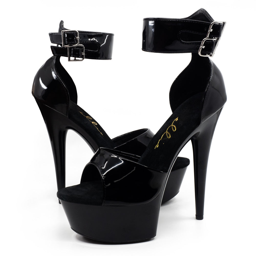 A pair of black patent platform stilettos with double ankle cuffs by Ellie Shoes sit against a white backdrop.