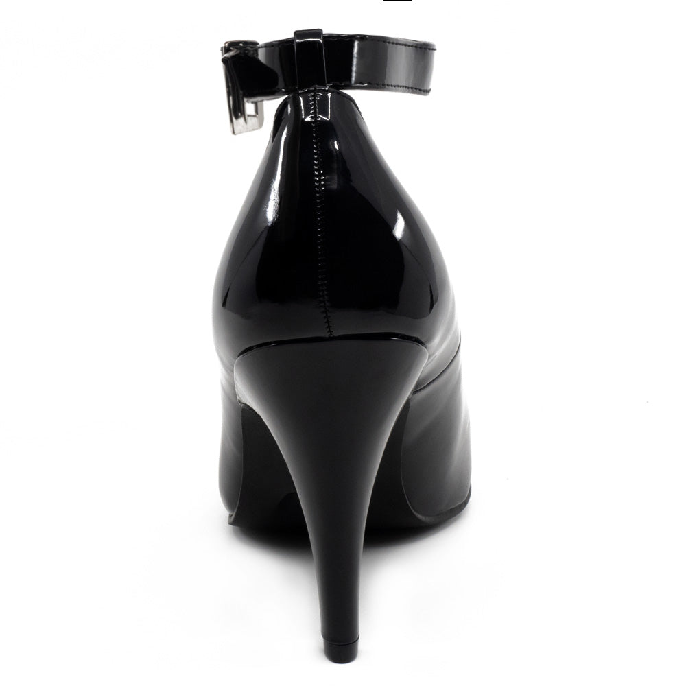 A back view of a single Ellie Shoes wide-fit ankle strap pump shows its pointed 4-inch heel and platform-free design.