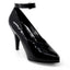 A single black ankle strap high-heel shoe for men and women made from vegan patent leather sits against a white backdrop.