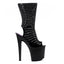 A side view of Ellie Shoes' Melissa platform stiletto boot shows its shiny ribbed black patent  finish and open heel.