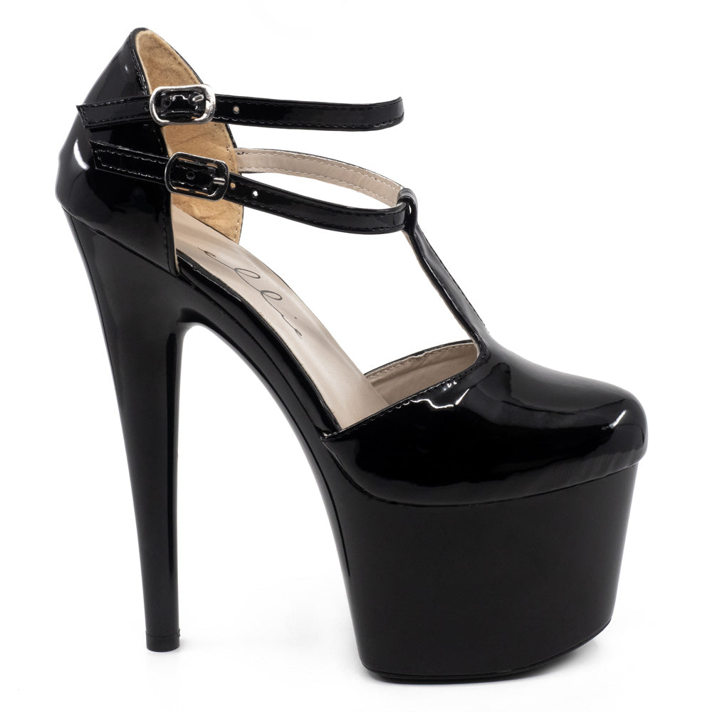 A side view of a single patent black Ellie Shoe features a double buckle ankle strap detail and a curved platform toebox. 