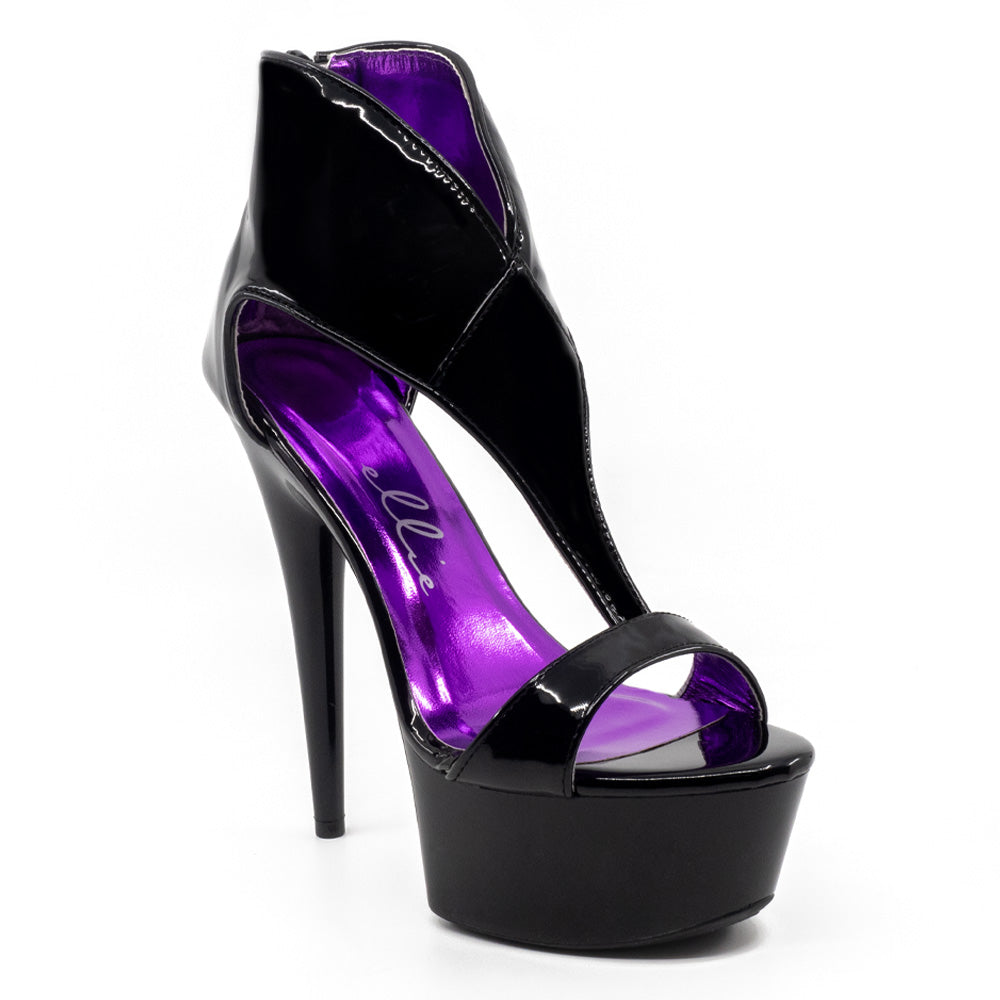 A single black patent Ellie Wonder stiletto shoe shows its shiny purple inner sole and 2-inch platform.