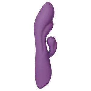 Side view of Evolved Rampage ultra-powerful waterproof rabbit vibrator in purple shows off flexible curved G-spot shaft.