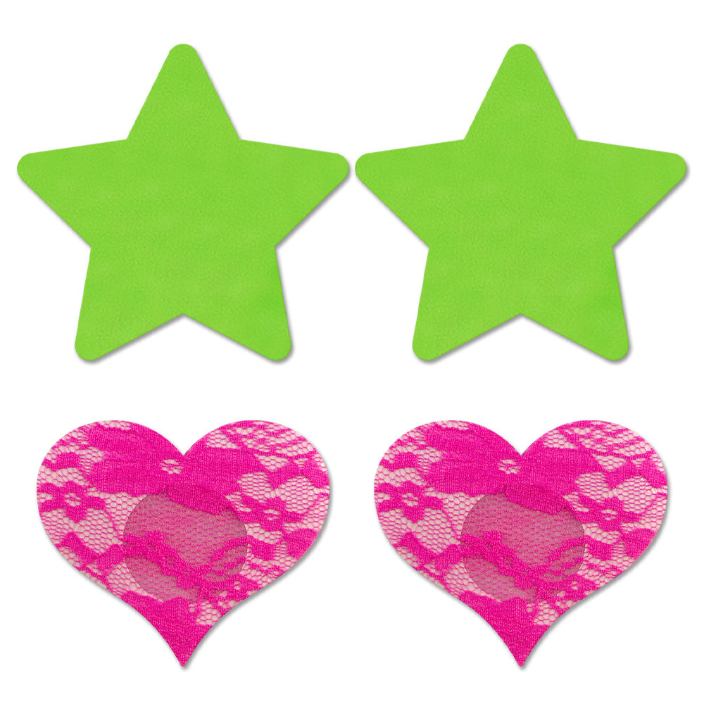 A pair of neon green star-shaped pasties and a pair of pink lace heart-shaped pasties sit against a white background.
