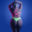 Back view of a plus-size model wearing a glow-in-the-dark bra and panty featuring a panty cutout under the waistband.