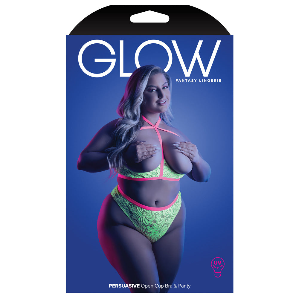A Fantasy Lingerie box sits on a white backdrop with a curvy model on it wearing a cupless glow-in-the-dark lingerie set.