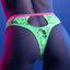 Close-up of a model wearing glow-in-the-dark lace panties that show Brazilian-cut bottoms and a cutout below the waistband.
