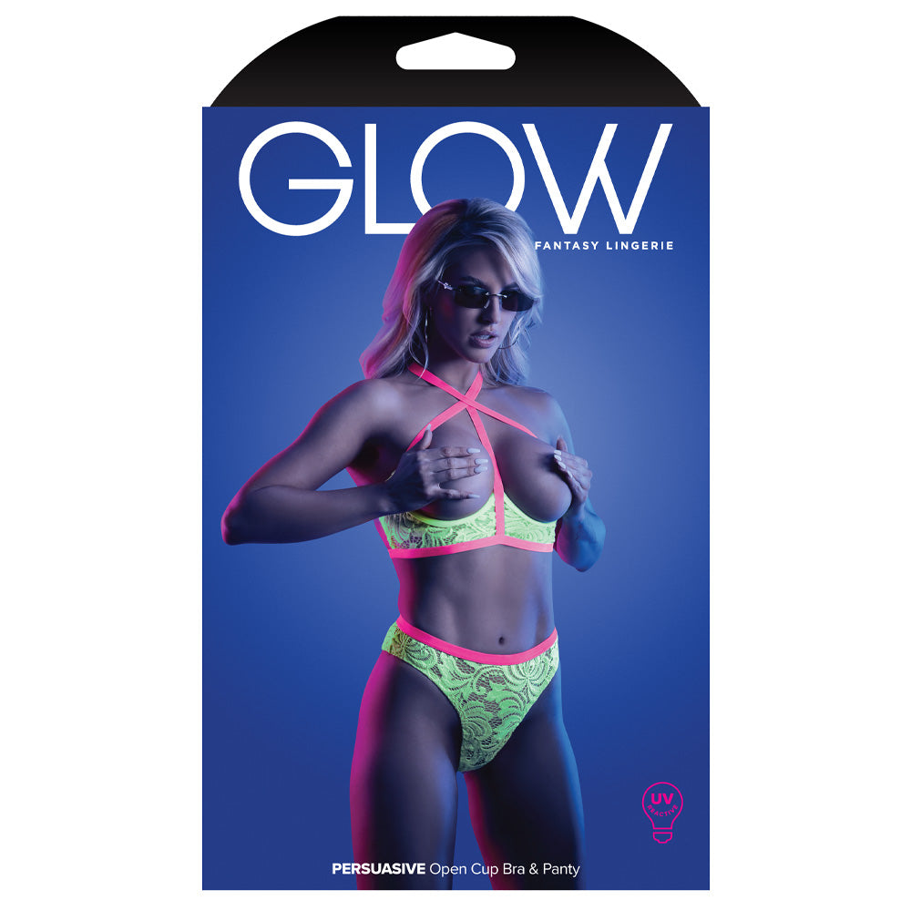 A Fantasy Lingerie box sits on a white backdrop with a model on the front wearing a cupless glow-in-the-dark lingerie set.