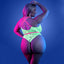 Back view of a plus-size model wearing a pink and green neon glow-in-the-dark teddy, featuring a thong-style rear.