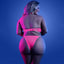 Back view of a plus size model wearing a neon pink glow in the dark net bra and panty set that features hook and eye closure.