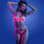 A model wears a neon pink glow in the dark net bra and panty with collared halter neck and O-ring detail.