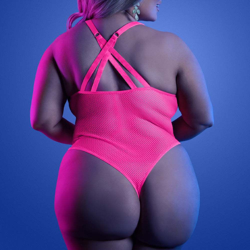 Back view of a plus-size model wearing a neon pink teddy with quadruple shoulder straps that criss-cross over each other.